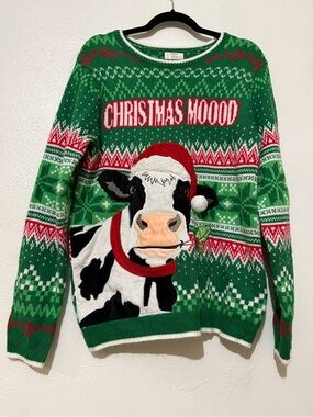 Holiday Time Christmas Mood Green Cow Knit Holiday Sweater. Sz Med (38-40)